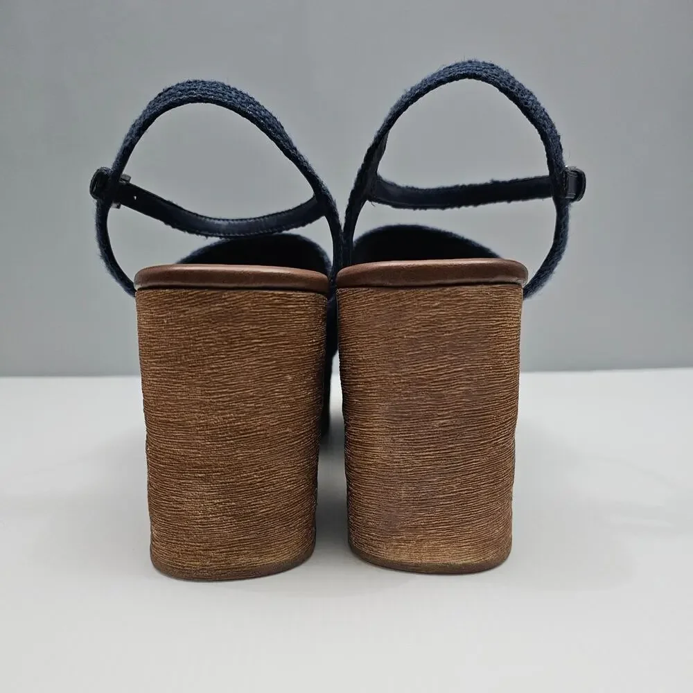 Jeffrey Campbell On Deck Platform Sandal Womens 10 Navy Blue Wood Wedge Heel